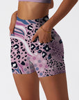 Animal leopard zebra print patchwork pink yoga shorts