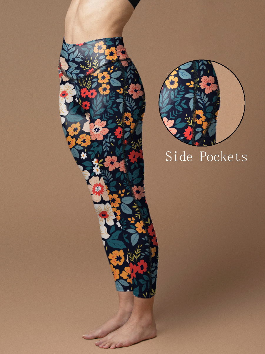 Flower big and small colorful flower dark leggings