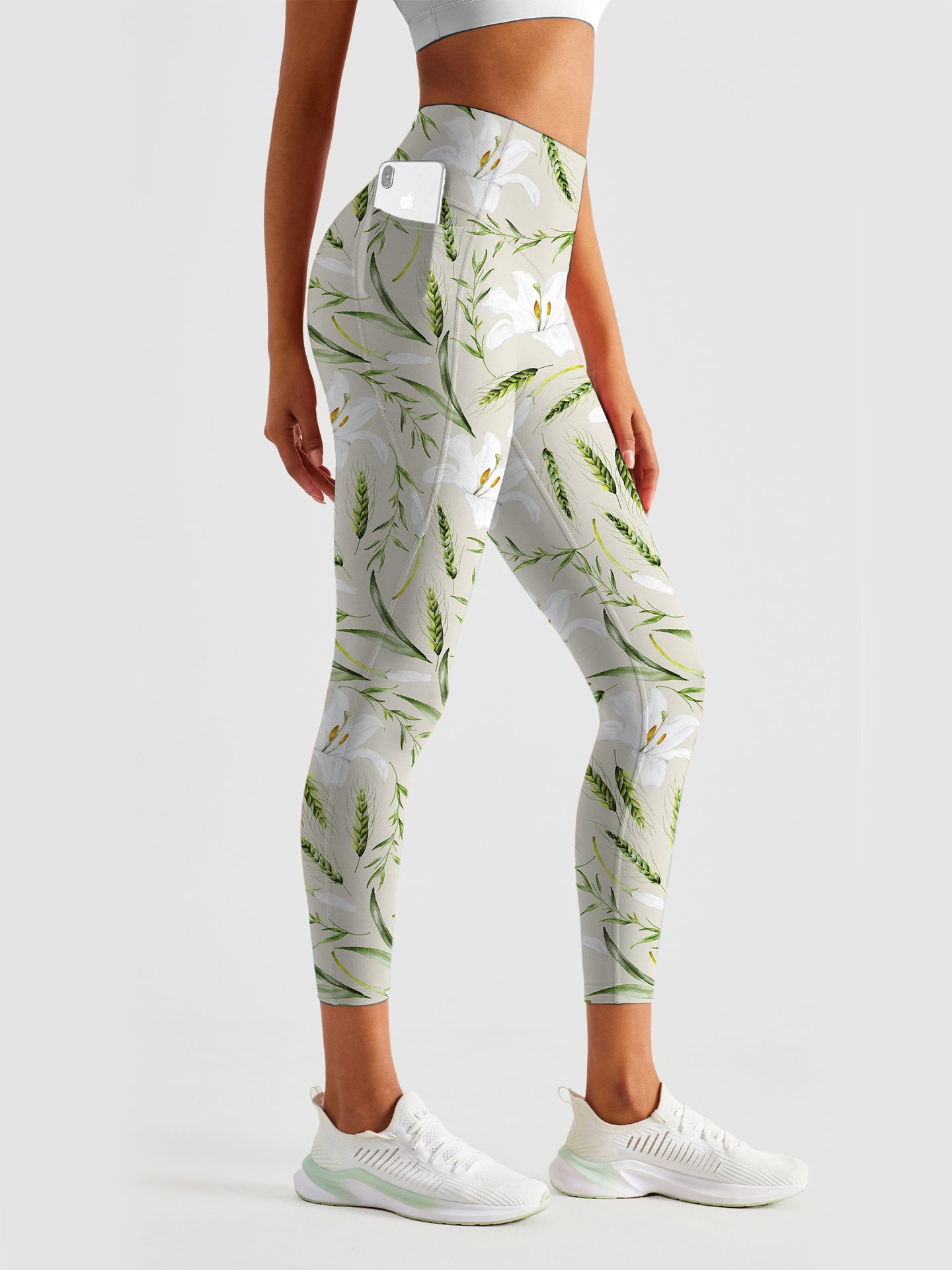 Flower white lily green wheat watercolor leggings