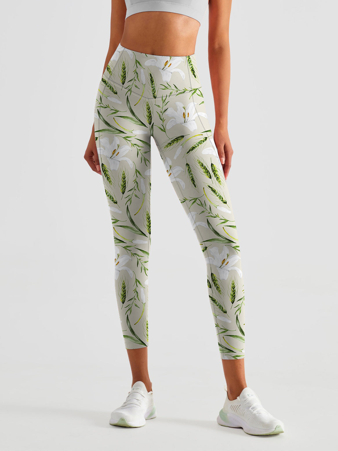 Flower white lily green wheat watercolor leggings