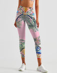 Botanical maldives coconut tree frangipani leaves leggings