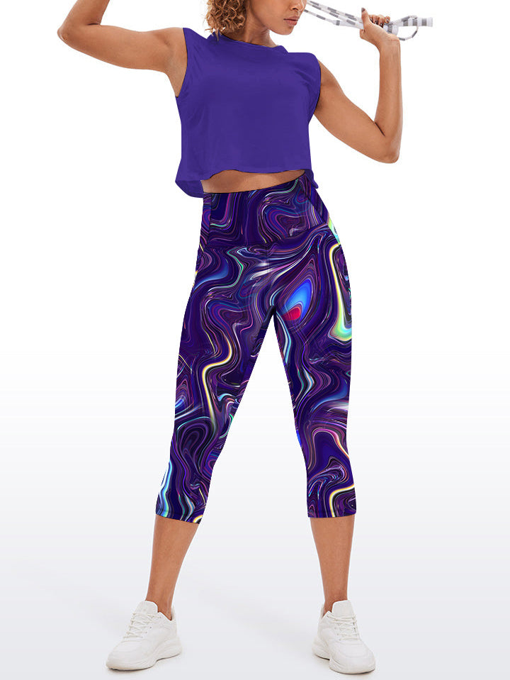 Purple fluid art pattern waistband capris