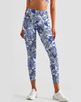 Flower blue and white vintage print breathable yoga leggings