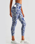 Flower blue and white vintage print breathable yoga leggings