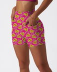 Cartoon pizza heart pattern rose red shorts