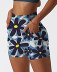 Cartoon cute flowers blue shorts