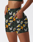 Engraving hand drawn botanical black shorts