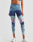 Blue pond lotus leaf lotus print breathable leggings