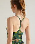 Botanical green leaves leopard tank tops