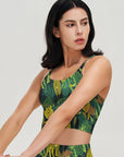 Botanical green leaves leopard tank tops