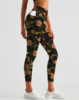 Blooming yellow flower embroidered dark leggings