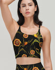 Blooming yellow flower embroidered dark tank tops