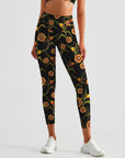 Blooming yellow flower embroidered dark leggings