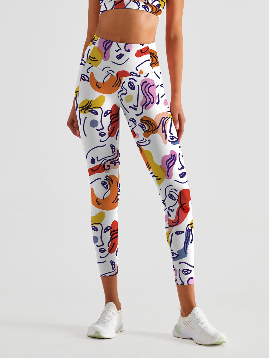 Abstract line colorful cartoon face portrait leggings