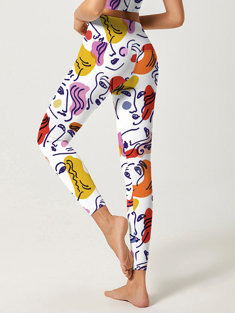 Abstract line colorful cartoon face portrait leggings