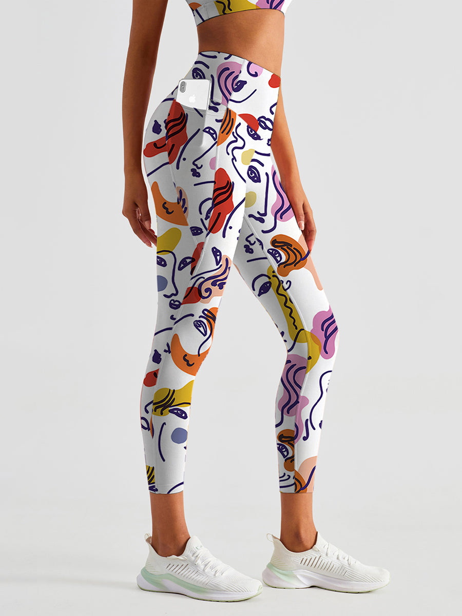 Abstract line colorful cartoon face portrait leggings