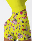 Cosmetic set perfume lipstick print yellow shorts