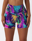 Tie dye still life with psychedelic colored water ripple shorts