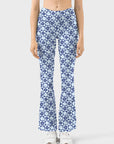 Flower blue and white plaid flower flare leggings