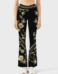 Flower green chinese embroided artistic detailed flare leggings