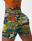 Hawaiian elements and hibiscus fabric patchwork shorts