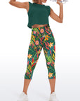 Botanical green leaves flower yoga capris