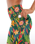 Botanical green leaves flower yoga capris