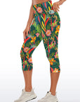 Botanical green leaves flower yoga capris