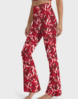 Red abstract flower breathable waistband flare leggings