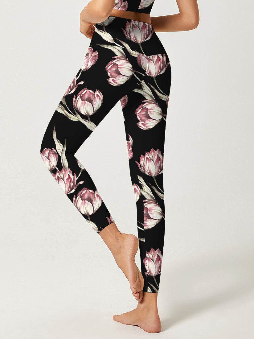 Flower pink magnolia black leggings