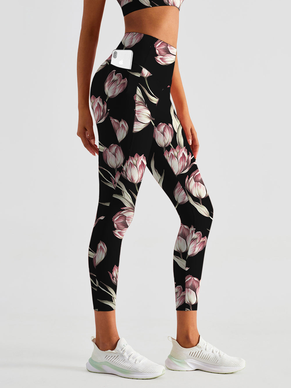 Flower pink magnolia black leggings