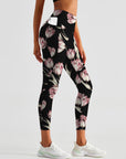 Flower pink magnolia black leggings