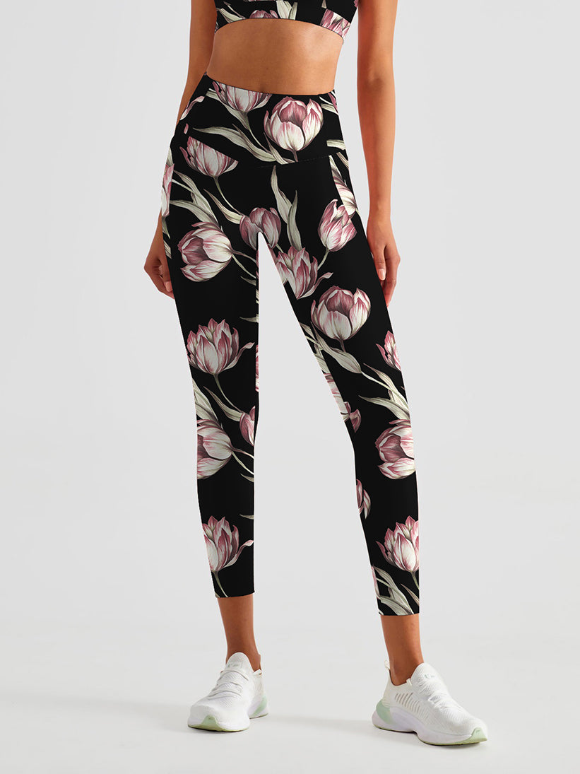 Flower pink magnolia black leggings