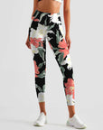 Flower white and red floral dark leggings