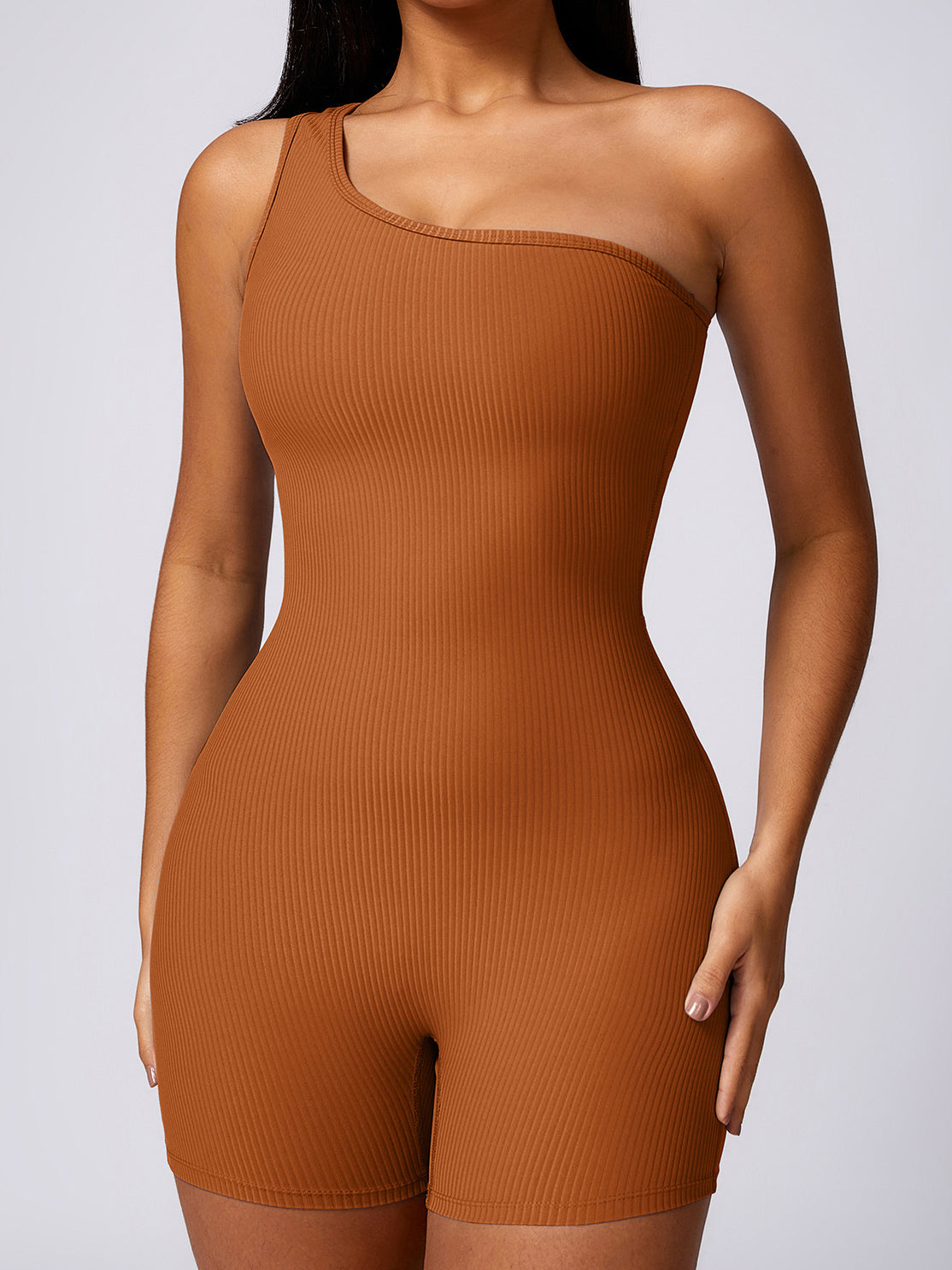 Basic single shoulder strap one-piece seamless knitted bodysuit