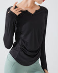 Basic V-neck waist pleated yoga long sleeves