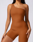 Basic single shoulder strap one-piece seamless knitted bodysuit