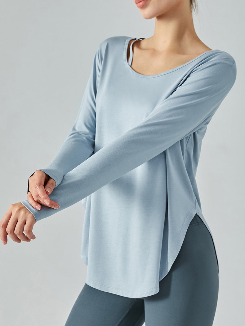 Basic single tie neckline fitness shirt long sleeves