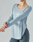 Basic single tie neckline fitness shirt long sleeves