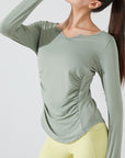 Basic V-neck waist pleated yoga long sleeves