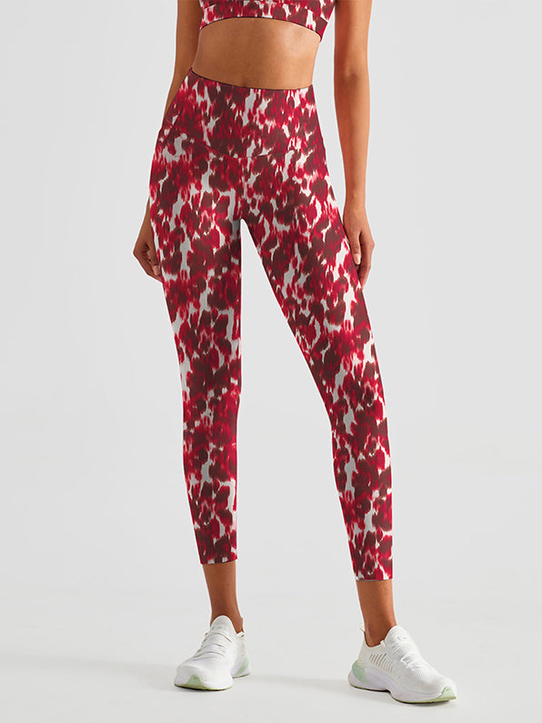 Red abstract flower breathable waistband leggings