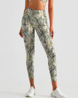 Botanical green gray leaves leggings