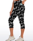 Engraving hand drawn pressed flowers black capris