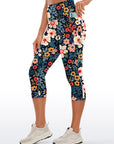 Flower big and small colorful flower dark capris