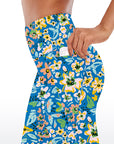 Flower big and small wildflower blue yoga capris