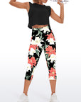 Flower white and red floral dark capris