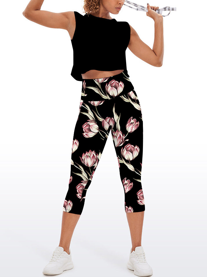 Flower pink magnolia black capris