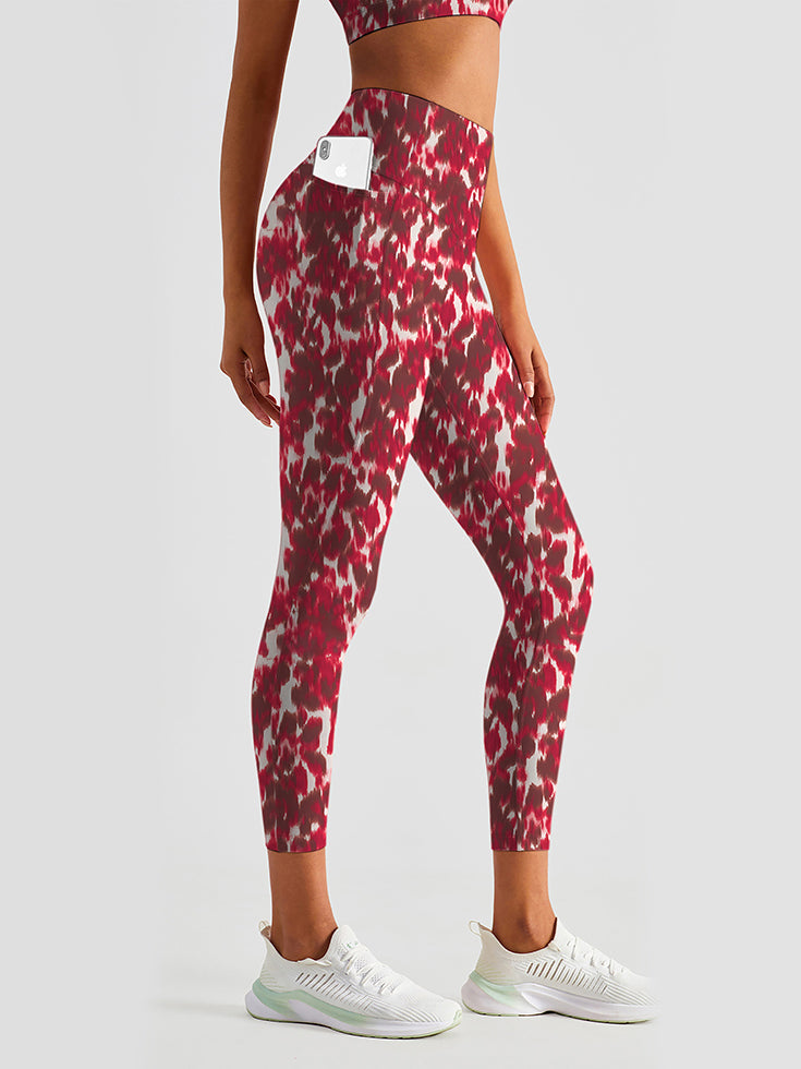 Red abstract flower breathable waistband leggings