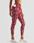 Red abstract flower breathable waistband leggings