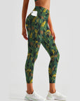 Botanical green leaves leopard high waisted leggings